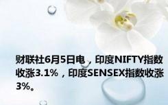 财联社6月5日电，印度NIFTY指数收涨3.1%，印度SENSEX指数收涨3%。