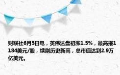 财联社6月5日电，英伟达盘初涨1.5%，最高报1184美元/股，续刷历史新高，总市值达到2.9万亿美元。