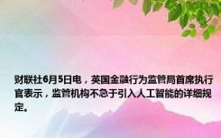 财联社6月5日电，英国金融行为监管局首席执行官表示，监管机构不急于引入人工智能的详细规定。