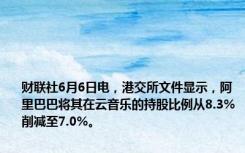 财联社6月6日电，港交所文件显示，阿里巴巴将其在云音乐的持股比例从8.3%削减至7.0%。