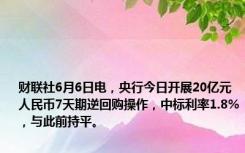 财联社6月6日电，央行今日开展20亿元人民币7天期逆回购操作，中标利率1.8%，与此前持平。