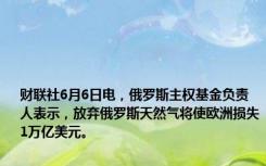 财联社6月6日电，俄罗斯主权基金负责人表示，放弃俄罗斯天然气将使欧洲损失1万亿美元。