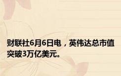 财联社6月6日电，英伟达总市值突破3万亿美元。