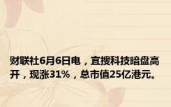 财联社6月6日电，宜搜科技暗盘高开，现涨31%，总市值25亿港元。