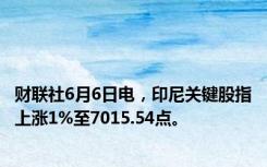 财联社6月6日电，印尼关键股指上涨1%至7015.54点。