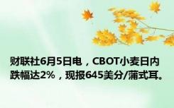 财联社6月5日电，CBOT小麦日内跌幅达2%，现报645美分/蒲式耳。