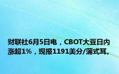 财联社6月5日电，CBOT大豆日内涨超1%，现报1191美分/蒲式耳。