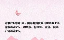 财联社6月6日电，国内期货夜盘开盘多数上涨，橡胶涨逾2%，20号胶、棕榈油、玻璃、纯碱、沪锡涨逾1%。