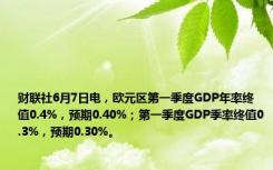 财联社6月7日电，欧元区第一季度GDP年率终值0.4%，预期0.40%；第一季度GDP季率终值0.3%，预期0.30%。