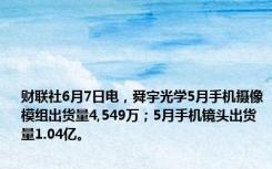 财联社6月7日电，舜宇光学5月手机摄像模组出货量4,549万；5月手机镜头出货量1.04亿。