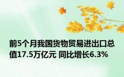 前5个月我国货物贸易进出口总值17.5万亿元 同比增长6.3%