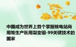 中国成为世界上首个掌握核电站商用堆生产医用裂变钼-99关键技术的国家