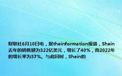 财联社6月10日电，据theinformation报道，Shein去年的销售额为322亿美元，增长了40%，而2022年的增长率为37%。与此同时，Shein的