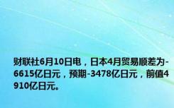 财联社6月10日电，日本4月贸易顺差为-6615亿日元，预期-3478亿日元，前值4910亿日元。