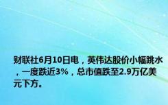 财联社6月10日电，英伟达股价小幅跳水，一度跌近3%，总市值跌至2.9万亿美元下方。