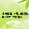 小米集团：6月11日回购1000万股 涉资1.73亿港元