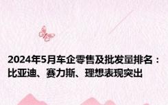 2024年5月车企零售及批发量排名：比亚迪、赛力斯、理想表现突出