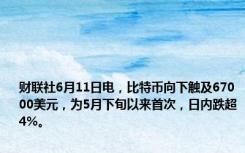 财联社6月11日电，比特币向下触及67000美元，为5月下旬以来首次，日内跌超4%。