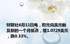 财联社6月11日电，欧元兑美元触及新的一个月低点，报1.0729美元，跌0.33%。