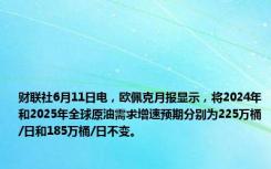 财联社6月11日电，欧佩克月报显示，将2024年和2025年全球原油需求增速预期分别为225万桶/日和185万桶/日不变。