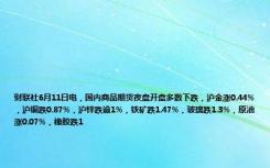 财联社6月11日电，国内商品期货夜盘开盘多数下跌，沪金涨0.44%，沪铜跌0.87%，沪锌跌逾1%，铁矿跌1.47%，玻璃跌1.3%，原油涨0.07%，橡胶跌1