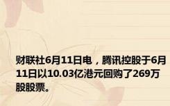 财联社6月11日电，腾讯控股于6月11日以10.03亿港元回购了269万股股票。