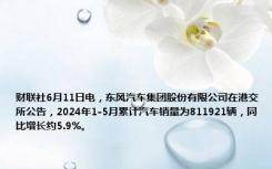 财联社6月11日电，东风汽车集团股份有限公司在港交所公告，2024年1-5月累计汽车销量为811921辆，同比增长约5.9%。