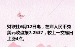 财联社6月12日电，在岸人民币兑美元收盘报7.2537，较上一交易日上涨4点。