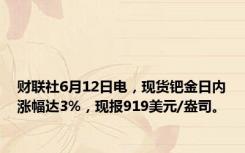 财联社6月12日电，现货钯金日内涨幅达3%，现报919美元/盎司。