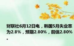 财联社6月12日电，韩国5月失业率为2.8%，预期2.80%，前值2.80%。