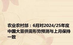 农业农村部：6月对2024/25年度中国大豆供需形势预测与上月保持一致