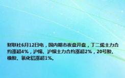 财联社6月12日电，国内期市夜盘开盘，丁二烯主力合约涨超4%，沪锡、沪银主力合约涨超2%，20号胶、橡胶、氧化铝涨超1%。