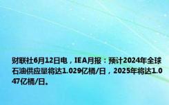 财联社6月12日电，IEA月报：预计2024年全球石油供应量将达1.029亿桶/日，2025年将达1.047亿桶/日。