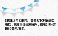 财联社6月12日电，美国5月CPI数据公布后，现货白银快速拉升，现涨2.5%突破30美元/盎司。