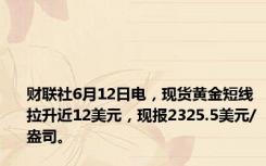 财联社6月12日电，现货黄金短线拉升近12美元，现报2325.5美元/盎司。