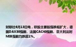 财联社6月13日电，欧股主要股指跌幅扩大，德国DAX30指数、法国CAC40指数、意大利富时MIB指数均跌超1%。