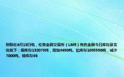 财联社6月13日电，伦敦金属交易所（LME）有色金属今日库存及变化如下：铜库存132075吨，增加4650吨。铝库存1085550吨，减少7000吨。镍库存86