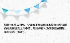 财联社6月12日电，宁波海上鲜信息技术股份有限公司向港交所递交上市申请，联席保荐人为国泰君安国际、东兴证券（香港）。