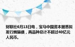 财联社6月13日电，宝马中国资本据悉拟发行熊猫债，两品种总计不超过40亿元人民币。