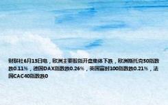财联社6月13日电，欧洲主要股指开盘集体下跌，欧洲斯托克50指数跌0.11%，德国DAX指数跌0.26%，英国富时100指数跌0.21%，法国CAC40指数跌0