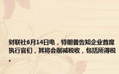 财联社6月14日电，特朗普告知企业首席执行官们，其将会削减税收，包括所得税。