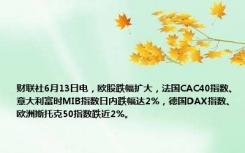 财联社6月13日电，欧股跌幅扩大，法国CAC40指数、意大利富时MIB指数日内跌幅达2%，德国DAX指数、欧洲斯托克50指数跌近2%。