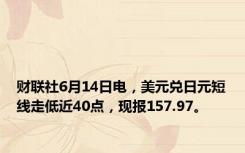 财联社6月14日电，美元兑日元短线走低近40点，现报157.97。