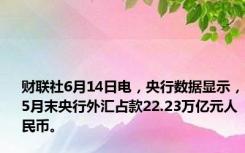 财联社6月14日电，央行数据显示，5月末央行外汇占款22.23万亿元人民币。