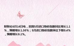 财联社6月14日电，美国5月进口物价指数同比增长1.1%，预期增长1.30%；5月进口物价指数环比下降0.4%，预期增长0.1%。