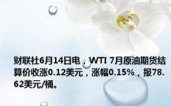 财联社6月14日电，WTI 7月原油期货结算价收涨0.12美元，涨幅0.15%，报78.62美元/桶。