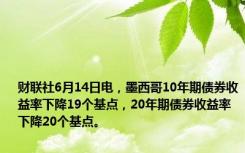 财联社6月14日电，墨西哥10年期债券收益率下降19个基点，20年期债券收益率下降20个基点。