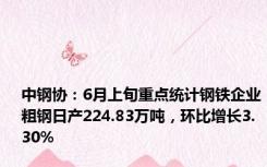 中钢协：6月上旬重点统计钢铁企业粗钢日产224.83万吨，环比增长3.30%