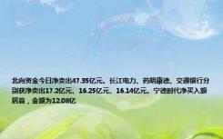 北向资金今日净卖出47.35亿元。长江电力、药明康德、交通银行分别获净卖出17.2亿元、16.25亿元、16.14亿元。宁德时代净买入额居首，金额为12.08亿