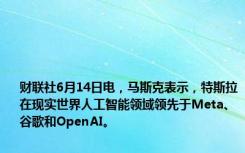 财联社6月14日电，马斯克表示，特斯拉在现实世界人工智能领域领先于Meta、谷歌和OpenAI。